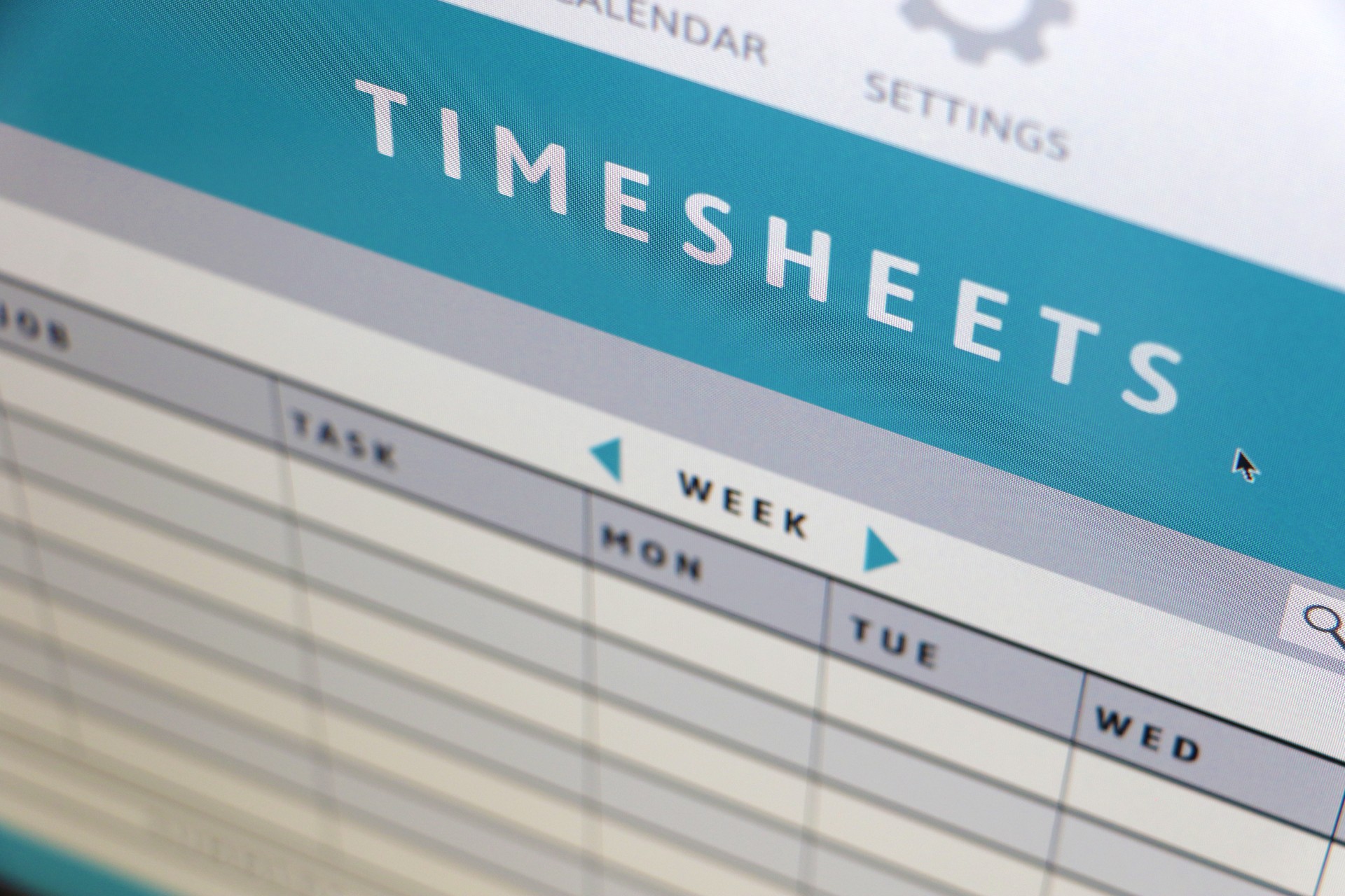 Generic digital designed time sheet on computer screen for tracking business trading hours